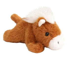 Cute brown and white plush horse magnet toy in a lying position with soft fur