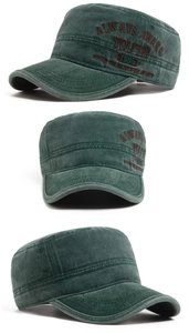 Three-view detail of dark green vintage flat top military cap with detailed embroidery