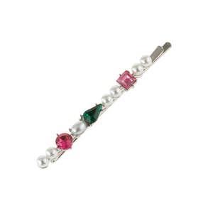 Vue détaillée de barrettes argentées avec strass colorés et perles fantaisie