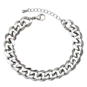 Close-up of a silver stainless steel flat Cuban link bracelet with lobster clasp detail