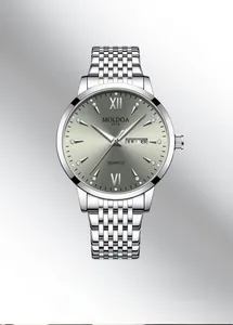 Macro shot of silver sunray dial with dual calendar window and Roman numerals on watch