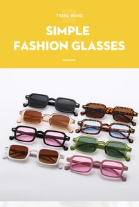 Detail shot of rectangular sunglasses in eight colors with gold metal hinge accents
