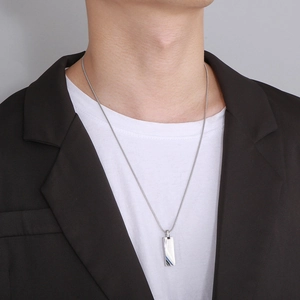 Silver rectangular titanium steel pendant necklace for men with a sleek snake chain