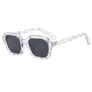 Retro square frame sunglasses with transparent wavy texture and black lenses for fashion