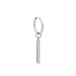 Detail view of silver punk drop earrings featuring long metal bars in stainless steel