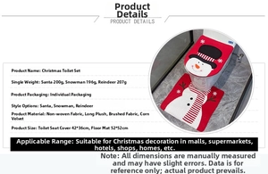 Close-up of snowman pattern toilet seat cover and rug set for Christmas bathroom decor