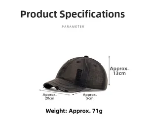 Detailed size specifications for the vintage short brim washed cotton baseball cap
