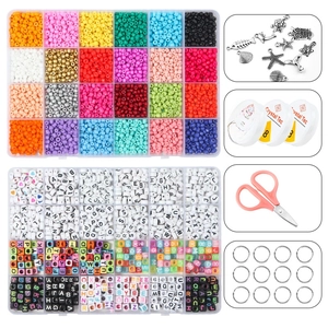 DIY bead set with 48 grids of colorful glass beads, charms, and jewelry tools kit