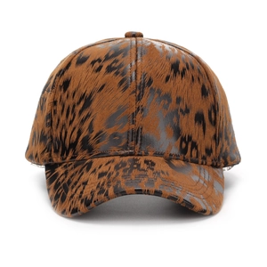 Stylish brown leopard print faux leather baseball cap with a textured glossy PU finish