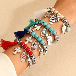Boheems Legering Boze Oog Hand van Fatima Kraal Armband Voor Dames Vintage Etnisch Strass Kwastje Hart Kruis Sieraden