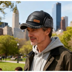 Detail of warm winter leather cap for men with gray faux fur lining and ear flaps