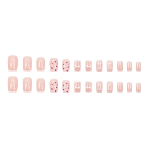 French tip press-on nails with colorful polka dots and grid pattern, 24-piece square set