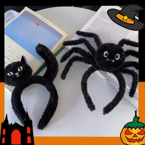 Halloween black plush headbands featuring spooky spider and cat designs for party decor