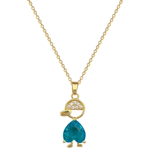 Gold-plated necklace with a crystal hat figure and a blue heart-shaped pendant