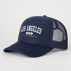 Navy blue Los Angeles mesh trucker hat with breathable back and adjustable snapback