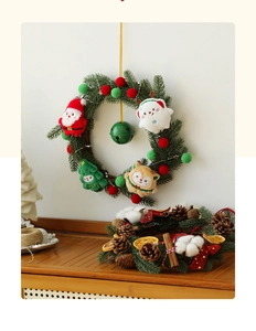 Detailed comparison of cartoon plush and rustic pine cone Christmas wreaths on wall and table