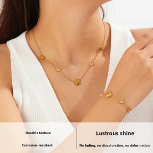 Detail of minimalist gold plated stainless steel necklace and bracelet set on model