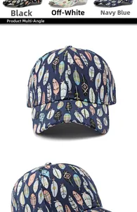 Detail view of cotton baseball caps with colorful feather prints in navy, black and beige