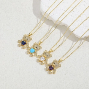 Teddy bear heart pendant necklace in gold with multicolor zircon crystals