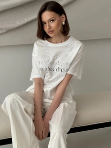 Women Cotton T-Shirt Short Sleeve Loose Crew Neck Artificial Pearl Necklace Graphic Print Summer Casual Chic Elegant Top