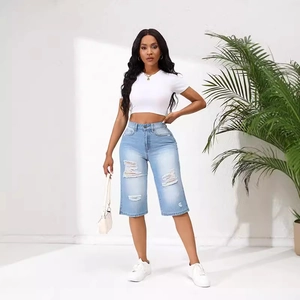 Women High Waist Ripped Denim Shorts Distressed Bermuda Mid Thigh Cotton Blend Stretchy Light Blue Summer Fashion