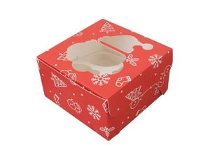 Detail of red Christmas cupcake box with snowman patterns and Santa hat shaped window