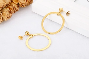 Close-up of golden hollow geometric round earrings displayed with elegant dried roses