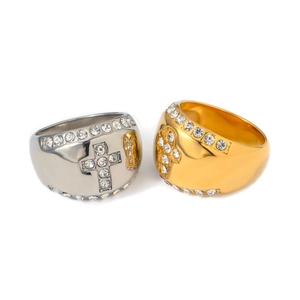 18k gold plated stainless steel cross ring with sparkling cubic zirconia inlay