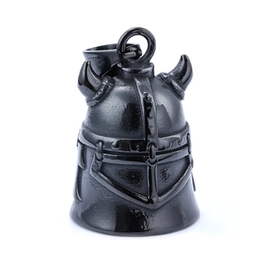 Black Viking horn helmet pendant with metallic bell finish on white background