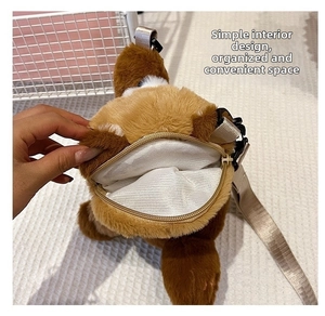 Detail view of the squirrel plush bag interior showing mesh lining and smooth zipper
