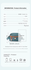 Detailed size and capacity chart for the nylon crossbody bag showing 24x16x9cm dimensions