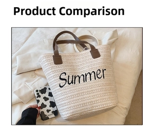 Close-up of beige woven straw tote bag with black Summer embroidery and brown leather handles