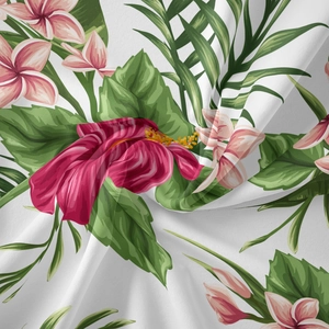 Close-up of tropical floral tapestry fabric showing hibiscus print and drape texture