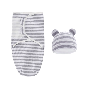 Close-up of grey and white striped cotton newborn swaddle sleep sack and bear ear hat set