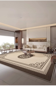 Detail of New Chinese style beige rug with brown geometric borders and Zen patterns