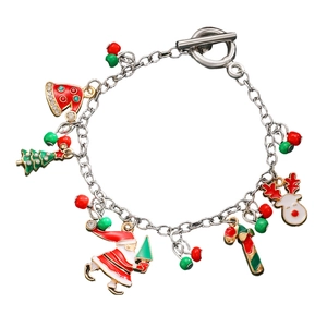 Christmas charm bracelet featuring colorful enamel reindeer, tree, and Santa pendants