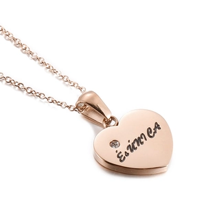 Rose gold heart pendant necklace with engraved È unica text and small zircon stone