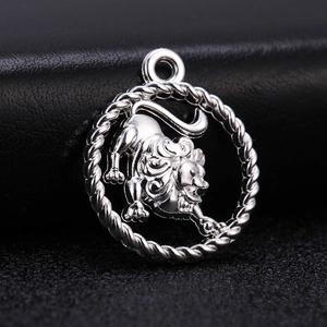 Macro view of silver Leo zodiac charm with rope border on black leather background