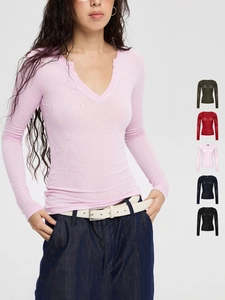 Women Long Sleeve T-Shirt V Neck Slim Fit Knit Top Solid Color Breathable Thin Chic Minimalist Ribbed Pullover