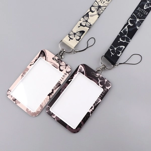 Detail of butterfly pattern lanyard ID card holder set with sliding hard plastic cover