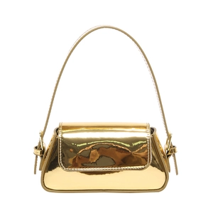 Glossy gold metallic shoulder bag in patent leather with minimalist retro square design