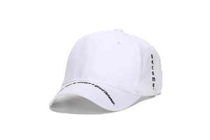 Close-up of black text embroidery on a white cotton baseball cap with curved brim