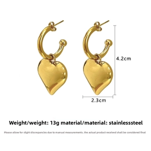Detailed specs of 18K gold plated stainless steel heart hoop earrings with 13g weight