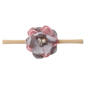 Pink and grey floral nylon baby headband set with pearl and rhinestone accents