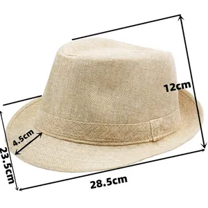 Linen fedora hat with rolled brim and detailed size measurements in a 45-degree view