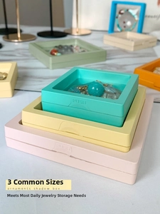 Three sizes of PE film suspension jewelry boxes in mint, yellow, and pink colors