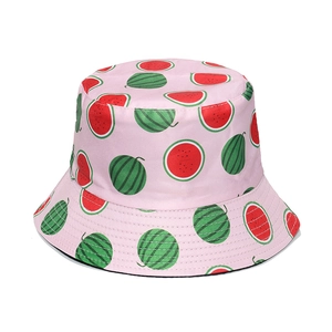 Pink sun bucket hat with watermelon print for women, breathable cotton summer headwear
