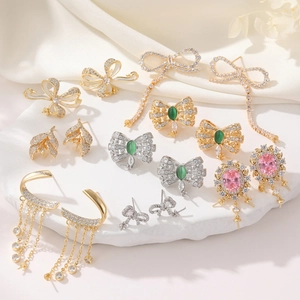 Elegant Copper Bowknot Tassel Dangle Earrings For Women With 925 Sterling Silver Post Rhinestone Artificial Pearl Jewelry