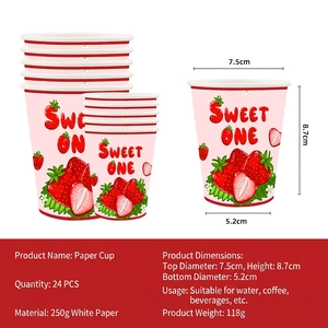 24pcs Sweet One strawberry paper cups for parties with size and material specifications