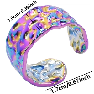 Macro shot of colorful hammered metal ring with 1cm width and 1.7cm diameter sizing details